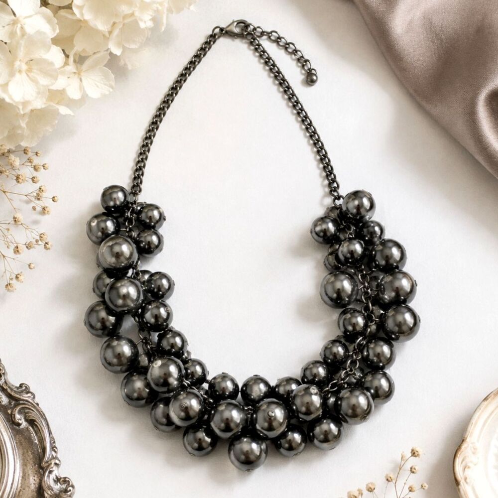 Gunmetal Black Bead Cluster Statement Necklace Bold Bib Jewelry 20 Inch